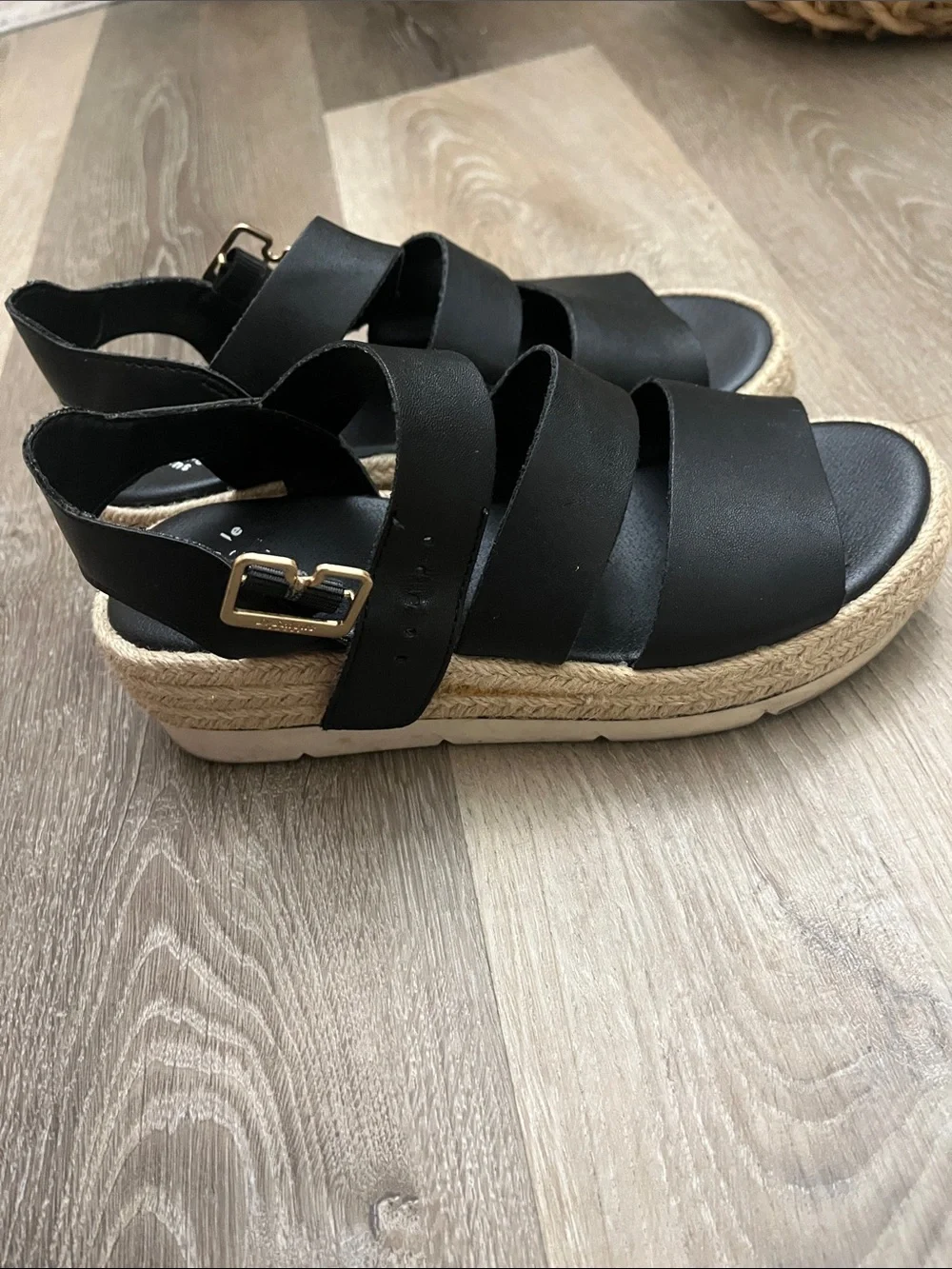 Black Strappy Espadrille Wedge Sandals with Gold Buckles